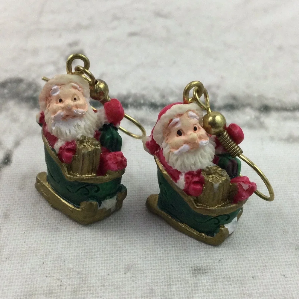 Christmas Collectible Earrings Drop Dangle Hook Santa Claus In Sleigh